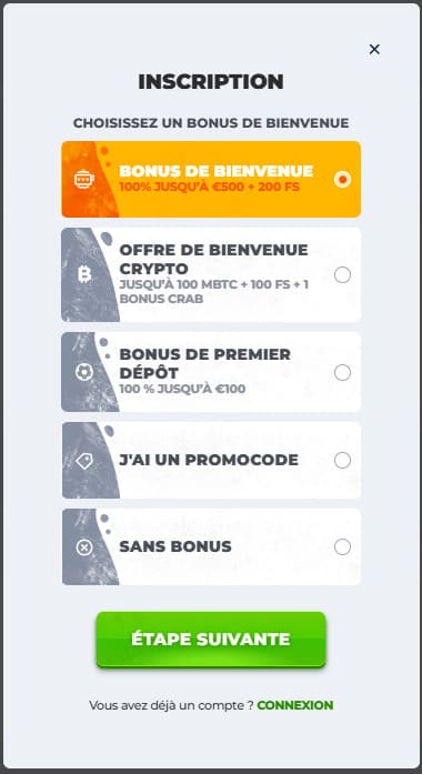 Betriot Casino choix bonus inscription