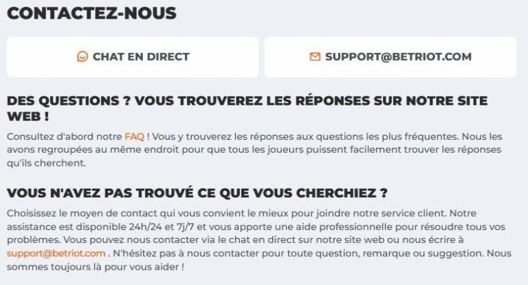 Betriot Casino support client